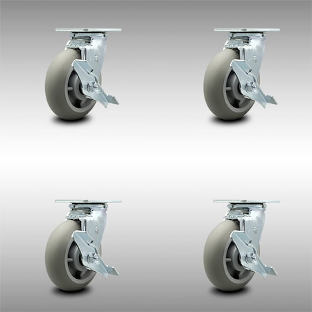 Service Caster 6 Inch SS Thermoplastic Rubber Swivel Caster Set with Roller Bearings and Brakes SCC-SS30S620-TPRRD-TLB-4